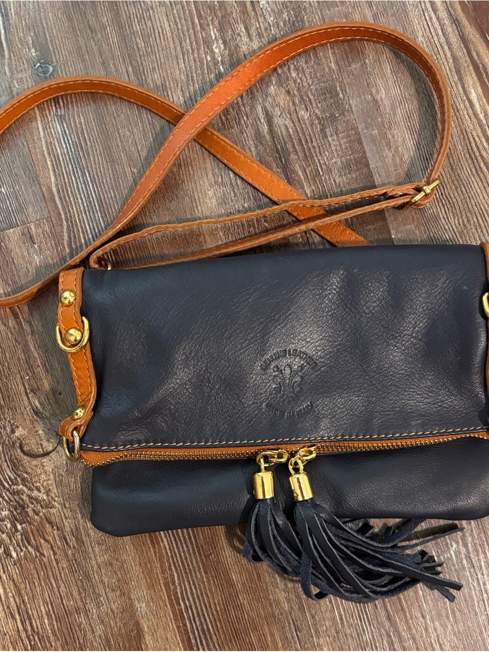 Vera Pelle Navy Blue Leather Crossbody with Tan Trim and Tassel
